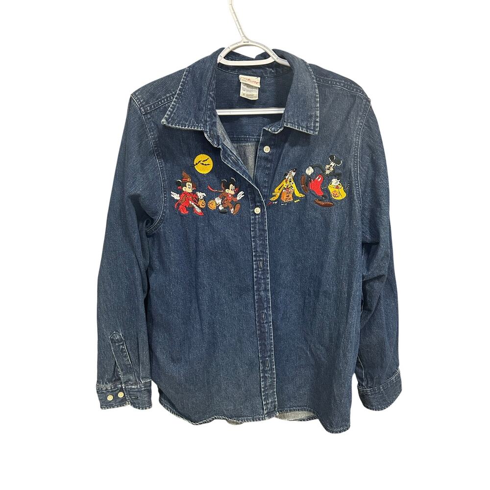 Vintage Disney Shopping Halloween Denim Shirt XL Mickey Minnie Goofy Embroidered